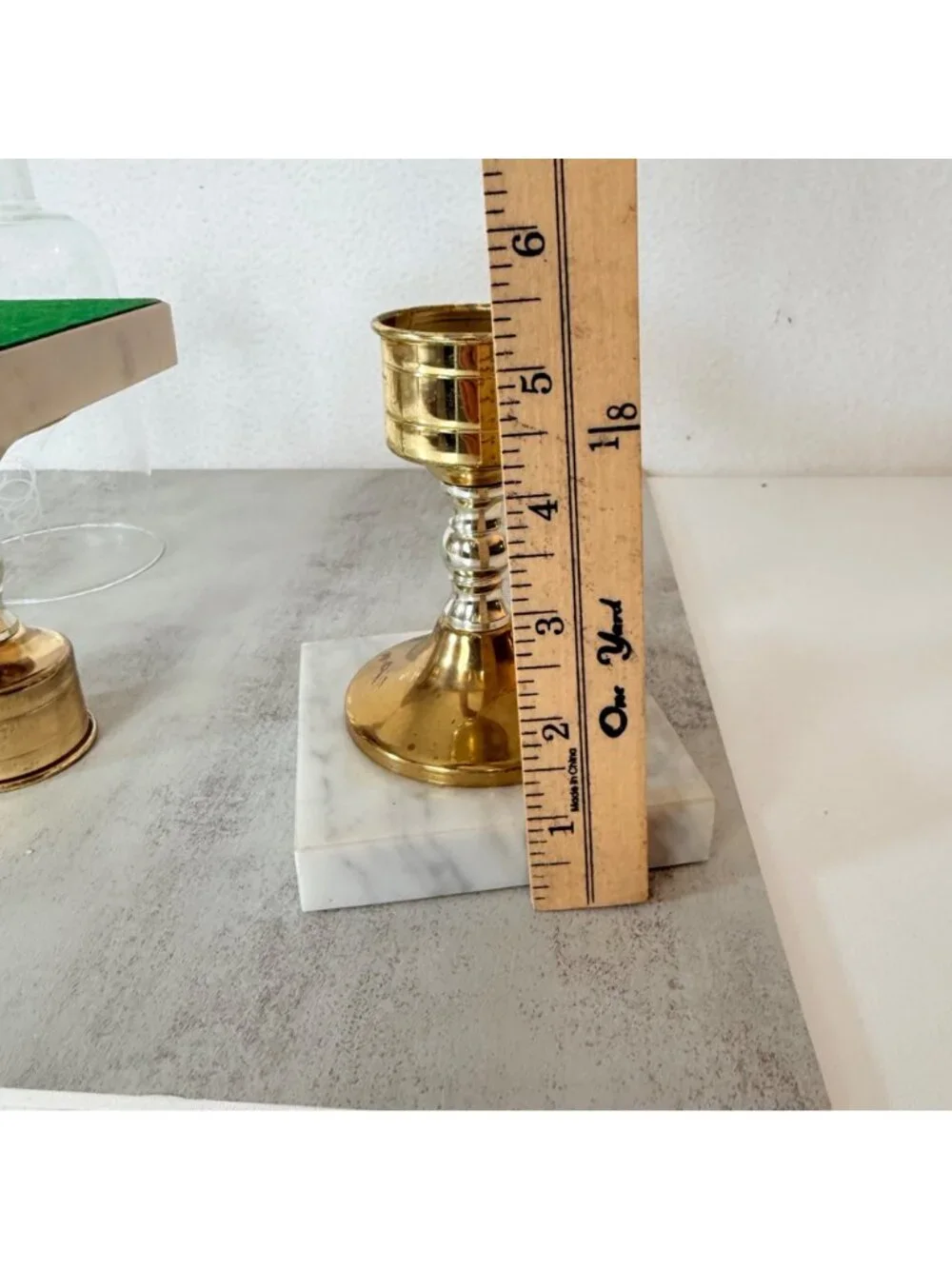 Vintage Italian Hurricane Candle Holder Set of 2 Brass Marble Etched Glass Pair